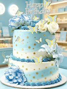 19 Buah Hiasan Kue Kupu-kupu dan Mawar Biru – Dekorasi Bunga Selamat Ulang Tahun, Tusuk Kue Kupu-kupu & Bunga 3D untuk Pesta Anak Perempuan - Beraneka warna - View 14