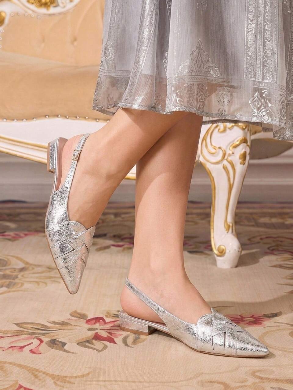 CUCCOO TILAWA Fashion Classic Pointed Toe Silver Closed Toe Slingback Women's Shoes, Party & Date Outfit
