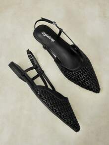 Styleloop Ladies Pointed Toe Real Woven Splicing Daily Travel Casual Versatile Fashion Sandals Flat - Black 1 - View 5