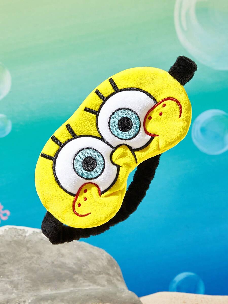 SpongeBob SquarePants | SHEIN 1件卡通刺繡眼罩,可愛立體設計,柔軟毛絨材質,強效遮光,適合旅行、辦公室午睡 - 黃色 - 查看 1