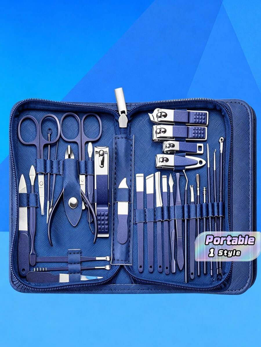 Blue Stainless Steel Nail Clipper Set With False Nails, Manicure Grooming Kit - Multicolor - View 1