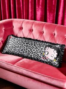 Betty Boop x SHEIN 1Pc Cute Cartoon Black Leopard Print Girl Pattern Pillow Cover, Black Ruffle Edge Design, Satin Material, Comfortable And Cool, Suitable For Spring And Summer Waist Pillows, Retro Bedding, Preferred For Gifts - Black - View 4