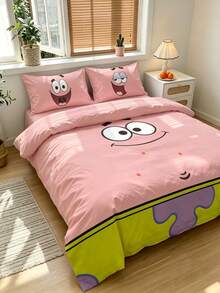 SpongeBob SquarePants | SHEIN 3件組卡通圖案被套組，柔軟保暖，可機洗，適用單人/雙人/Queen/King尺寸床 - 派大星豆沙色 - 查看 2