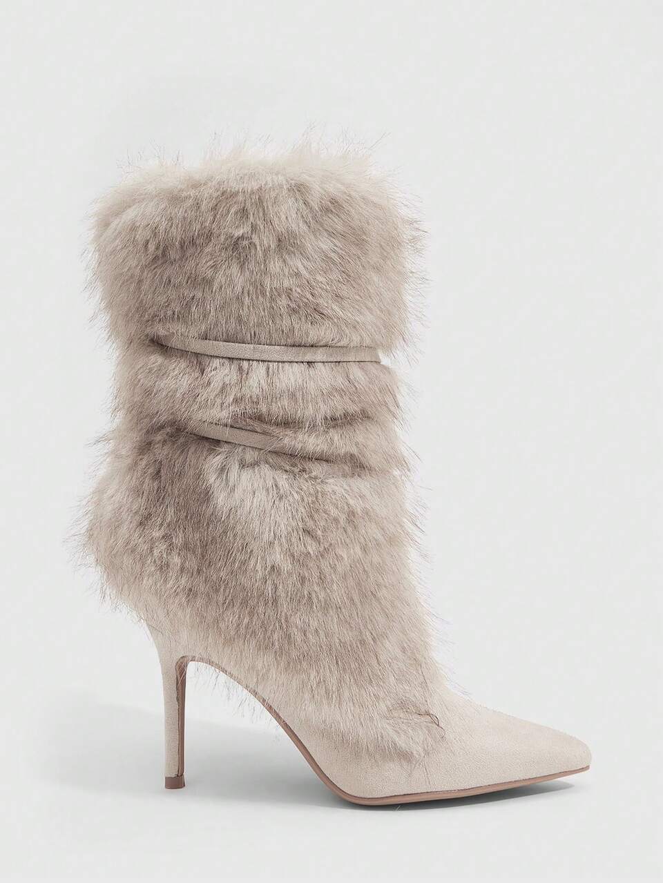 CUCCOO SZL Women Shoes Pointed High Heel Beige Hairy Face Strap Medium Boots Fashion Gorgeous Sexy Nightclub Party Party Low Boots Fur Boots Hair Boots Women's M