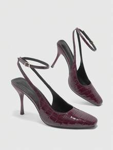 CUCCOO BIZCHIC Square Toe Patent Leather Women's Shoes, Elegant Temperament For Business Commuting, Fashionable And Versatile Back Lace-Up Solid Color Embossed - Burgundy - View 3
