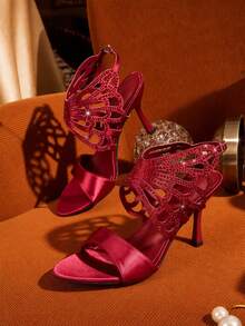 CUCCOO TILAWA Burgundy Satin Hollow Rhinestone Stiletto Sandals, Women's Light Luxury Rear Strap Buckle Open-Toed High Heels - Burgundy - View 5