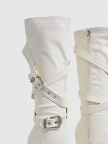 Daringsoles Women's Fashion Adjustable Buckle Chunky High Heel Knee-High Boots Fall Boots - White - View 5