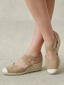 Styleloop Ladies, Rubber Band Cross Strap, Straw Rope, Sandals, High Heels. Fall Shoes - Khaki - View 2