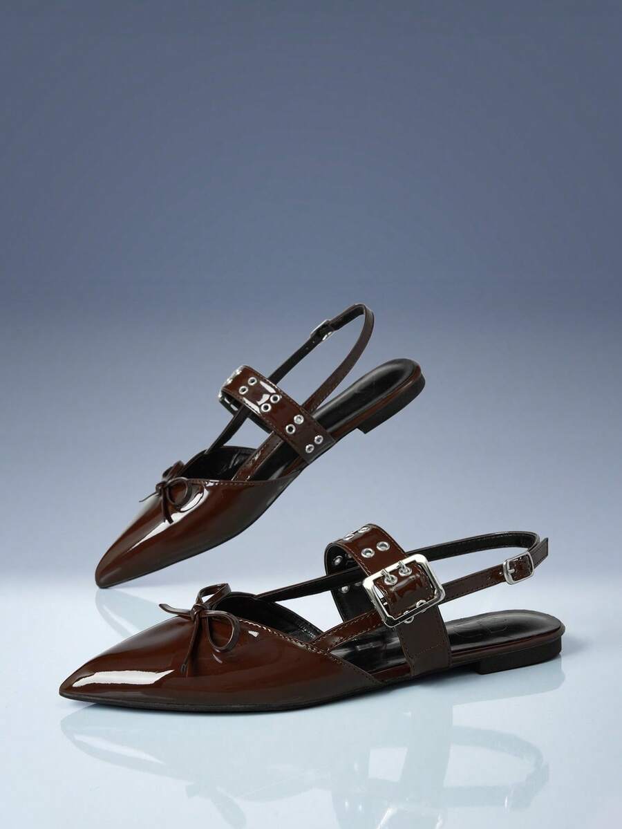 CUCCOO GRLICON Glossy Bow Decorative Pointed Flat Bottom Casual Commuter Brown PU Leather Ladies Flat Bottom Shoes Office Outdoor - Brown - View 1