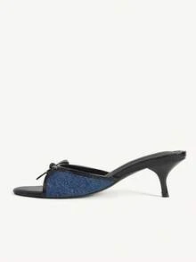 CUCCOO CHICEST 5.5CM可愛蝴蝶結女款牛仔黑細高跟涼鞋，時尚小貓跟日常派對度假通勤優雅女士高跟涼鞋 - 藍色 - 查看 7
