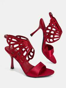 CUCCOO TILAWA Burgundy Satin Hollow Rhinestone Stiletto Sandals, Women's Light Luxury Rear Strap Buckle Open-Toed High Heels - Burgundy - View 4