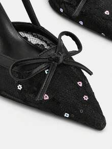 CUCCOO TILAWA Pointed Toe Breathable Mesh Hollow Bow Backless Fashionable Versatile Sexy Fairy Party Commute Black High Heels - Black - View 9