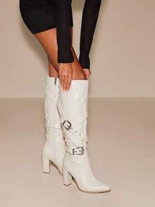 Daringsoles Women's Fashion Adjustable Buckle Chunky High Heel Knee-High Boots Fall Boots - White - View 8
