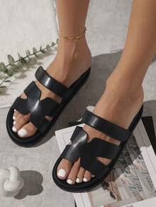 SHUZIA Faux Leather Cutout Design Black Pu Detailing Slip On Sandals Valentine's Day Summer Shoes - Black - View 6