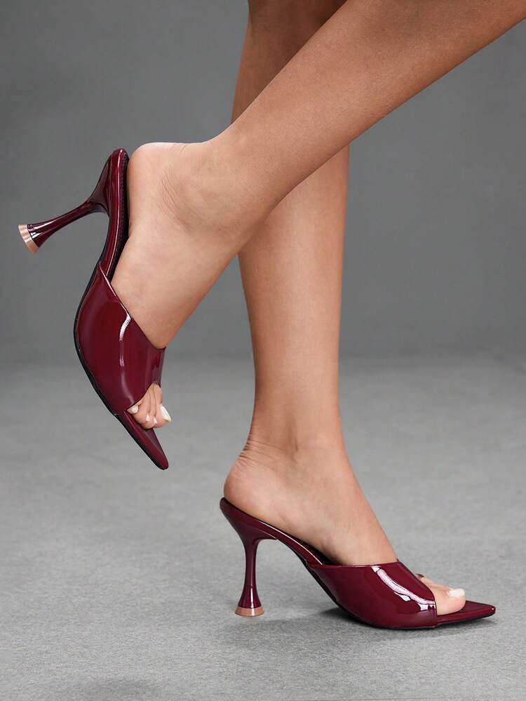 CUCCOO SZL Ladies' Pointed Wine Glasses With A One-Piece Lazy High-Heeled Sandals, Minimalist And High-End Style, Versatile For Summer Commuting - Burgundy glossy - View 4