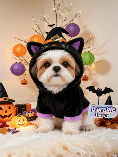 1Pc Halloween Dog Hoodie, Soft Pet Costume Hooded Sweater, Pumpkin Skeleton Black Cat Wizard Outfit, Warm Puppy Cat Clothes For Small Medium Dogs Halloween Party Cosplay