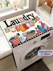 1PC Rubber Non-Slip Soft Washing Machine Cover Mat, Cartoon Text Print Absorbent Quick-Dry Top Protector, Dustproof Fade-Resistant, Ideal For Laundry Room, Kitchen, Dryer, Refrigerator, Home Appliance Decor - Multicolor - View 1