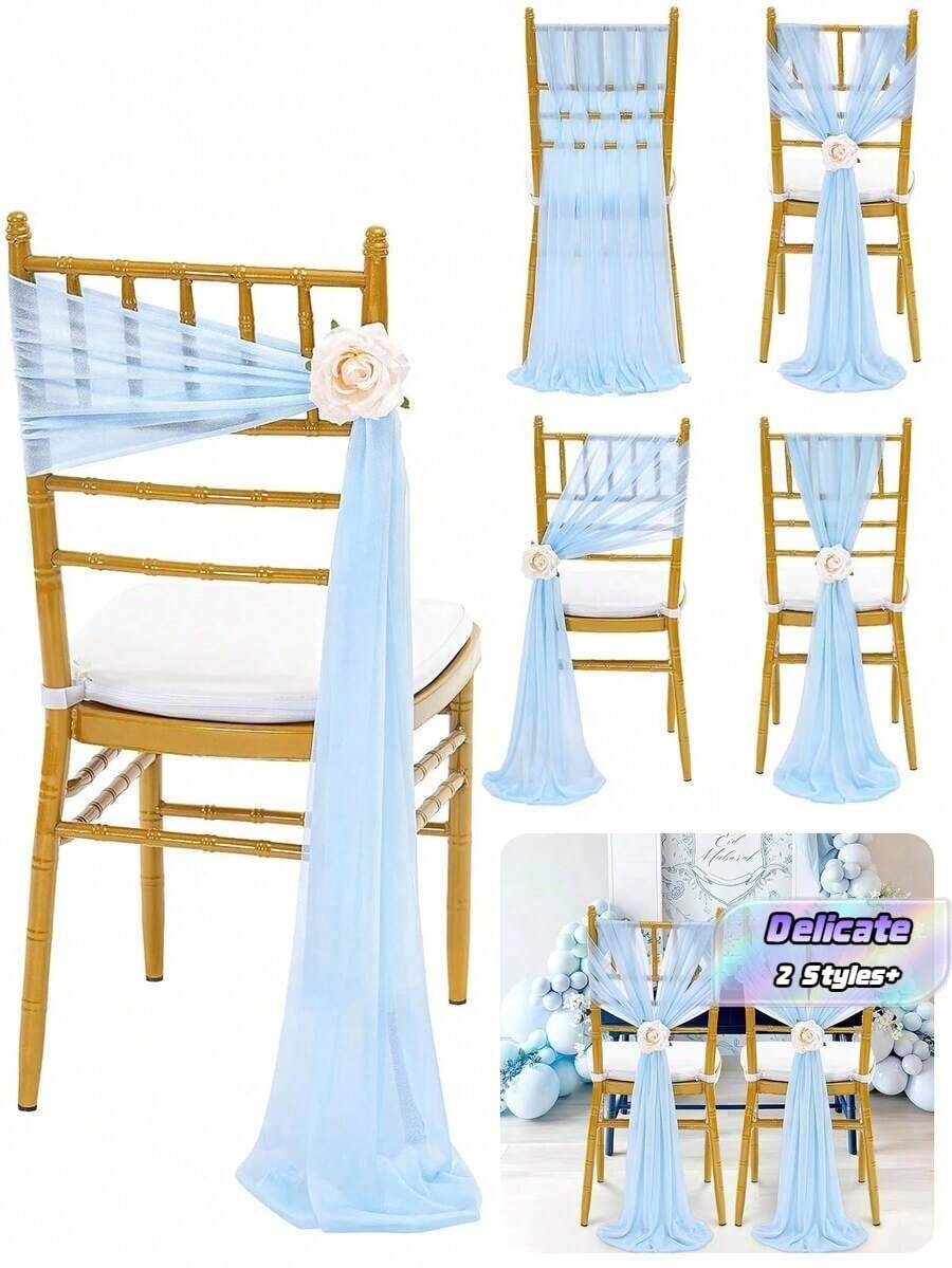 10pcs Elegant Light Blue Chiffon Chair Back Cover Set, Corridor Wedding Chair Back Decoration, Church Banquet Ceremony Reception Chair Set, Photography Props, Birthday Party Home Decor - Baby Blue - View 1