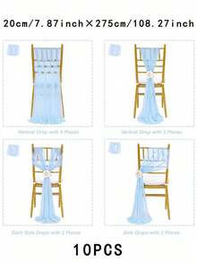 10pcs Elegant Light Blue Chiffon Chair Back Cover Set, Corridor Wedding Chair Back Decoration, Church Banquet Ceremony Reception Chair Set, Photography Props, Birthday Party Home Decor - Baby Blue - View 8
