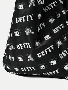 Betty Boop x SHEIN 1件大容量印花肩背包，適用於露營、海灘、旅行、購物、學校、工作等場合 - 多色-黑色 - 查看 4
