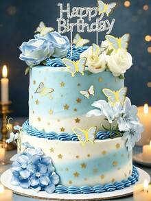 19 Buah Hiasan Kue Kupu-kupu dan Mawar Biru – Dekorasi Bunga Selamat Ulang Tahun, Tusuk Kue Kupu-kupu & Bunga 3D untuk Pesta Anak Perempuan - Beraneka warna - View 12