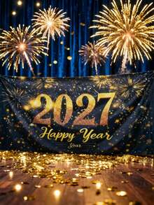 2026/2027 新年快樂橫幅 金色數位風 彩色紙碎派對背景布 黑白慶祝裝飾 多用途 室內外適用 居家辦公室婚禮 - 彩色 - 查看 5