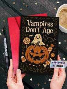 1PC Durable Cardstock With Red Envelope Funny Vampire And Pumpkin Pattern Halloween Greeting Card For Friends Family Adults Celebrate Spooky Season Share Laughter At Party - multicolor - View 1