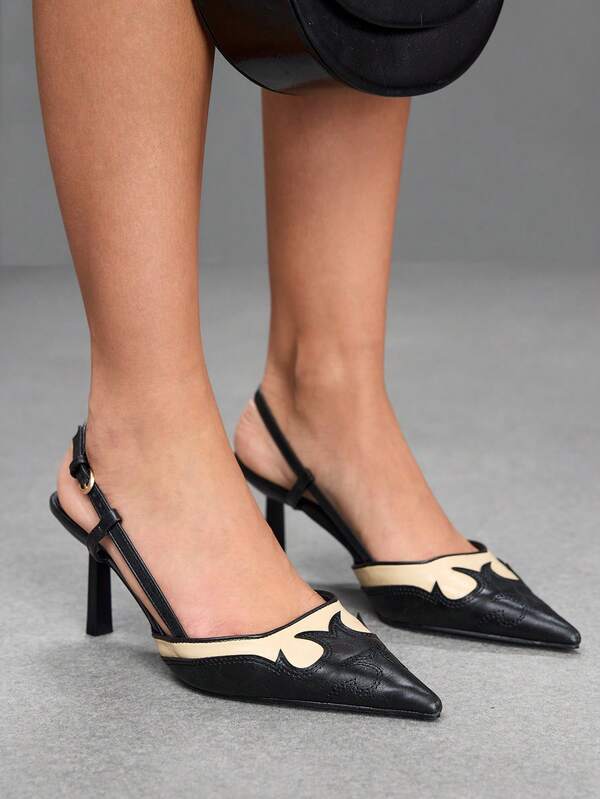 CUCCOO SZL Spring And Summer Color Matching Design Pointed Tip Thin Heel Retro Style Empty High Heel Sandals Commuting Dating