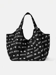 Betty Boop x SHEIN 1件大容量印花肩背包，適用於露營、海灘、旅行、購物、學校、工作等場合 - 多色-黑色 - 查看 1