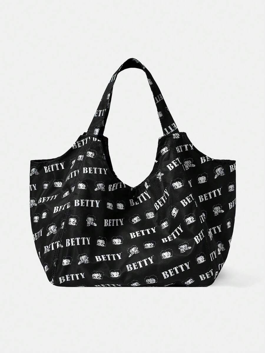 Betty Boop x SHEIN 1件大容量印花肩背包,適用於露營、海灘、旅行、購物、學校、工作等場合 - 多色-黑色 - 查看 1