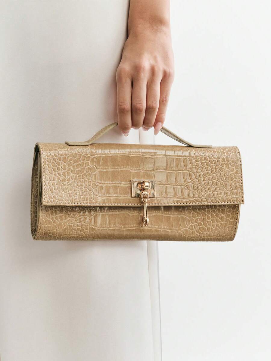 SHECARRY Ladies Fashionable Elegant Simple Classic Versatile Khaki Crocodile Pattern Faux Leather Gold Hardware Buckle Decorative Handbag, Date Afternoon Tea - Alligator pattern apricot - View 1