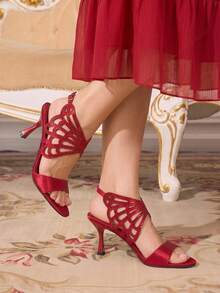 CUCCOO TILAWA Burgundy Satin Hollow Rhinestone Stiletto Sandals, Women's Light Luxury Rear Strap Buckle Open-Toed High Heels - Burgundy - View 9