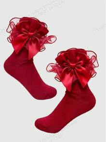 ROMWE Kawaii Kaos Kaki Wanita Setengah Betis dengan Trim Ruffle Jala Kontras - A68 merah besar - View 5