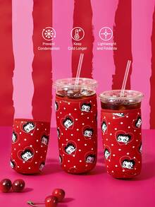 Betty Boop x SHEIN 1Pc Cute Printed Fabric Cup Holder, Neoprene Cup Sleeve Thermal Insulation Material, Reusable, S/M/L Three Sizes, Suitable For Different OZ Coffee Cups - Red - View 1