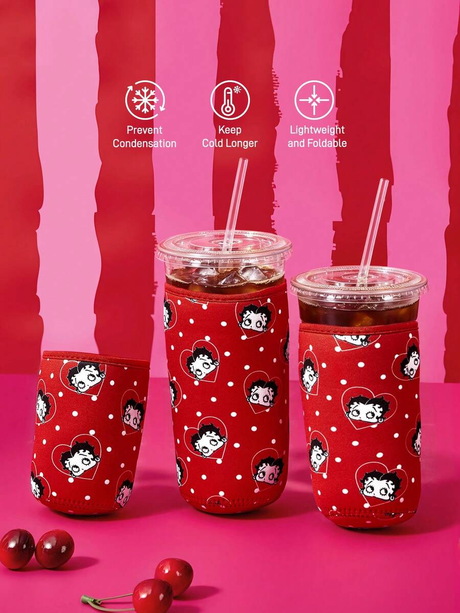 Betty Boop x SHEIN 1Pc Cute Printed Fabric Cup Holder, Neoprene Cup Sleeve Thermal Insulation Material, Reusable, S/M/L Three Sizes, Suitable For Different OZ Coffee Cups - Red - View 1