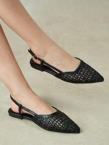 Styleloop Ladies Pointed Toe Real Woven Splicing Daily Travel Casual Versatile Fashion Sandals Flat - Black 1 - View 10