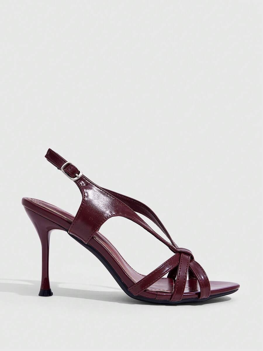 CUCCOO SZL Gentle Atmosphere Full, Retro Round Toe Crossed Stiletto Back Strap Slim Premium, Burgundy Stiletto Women's Sandals - Burgundy - View 1