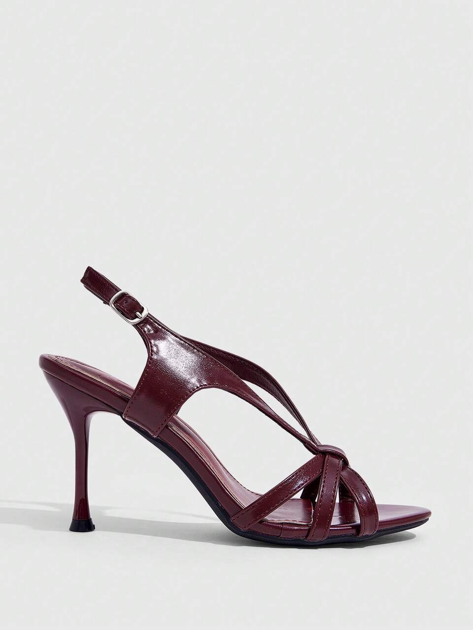 CUCCOO SZL Gentle Atmosphere Full, Retro Round Toe Crossed Stiletto Back Strap Slim Premium, Burgundy Stiletto Women's Sandals
