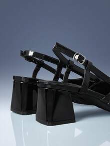 CUCCOO GRLICON Cross Strap Buckle Trim Back Strap Pointed Thick Heel Commuter Vacation Solid Color Black PU Leather Ladies High Heel Shoes Stickleback Party - Black - View 5