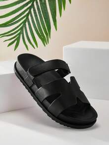 SHUZIA Faux Leather Cutout Design Black Pu Detailing Slip On Sandals Valentine's Day Summer Shoes - Black - View 3