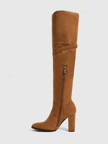 Daringsoles 2026 Autumn/Winter New Pointed Toe Thigh High Boots, Thick Heel Slim Fit Riding Boots With Belt Buckle Decor Fall Shoes - Yellow brown velvet - View 3