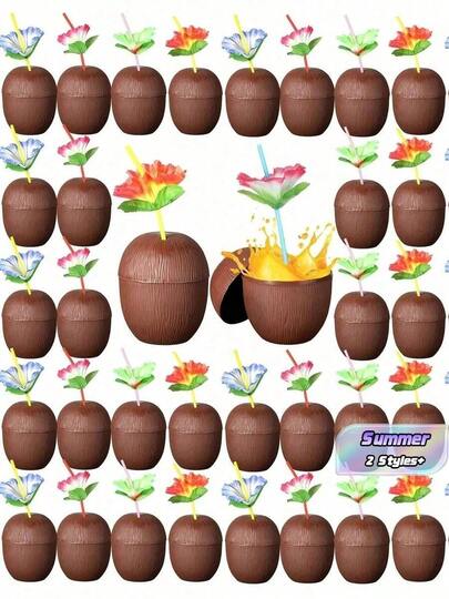 6/3 piezas Vasos de coco hawaiano con tapas y pajitas con flores, adecuados para postres y helados, fiestas en la playa y la piscina, actividades al aire libre en verano, bebidas DIY, celebraciones de graduación, decoración del hogar interior