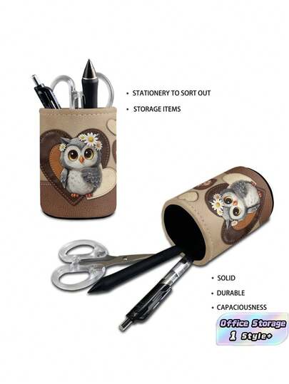 1PC Durable PU Leather Round Pencil Holder Cute Owl Heart Print Desk Organizer Storage Caddy For Pens Pencils Markers Office Stationery Decor For Students Teachers Book Lovers Home Office Study Desk Decoration Thoughtful Gift