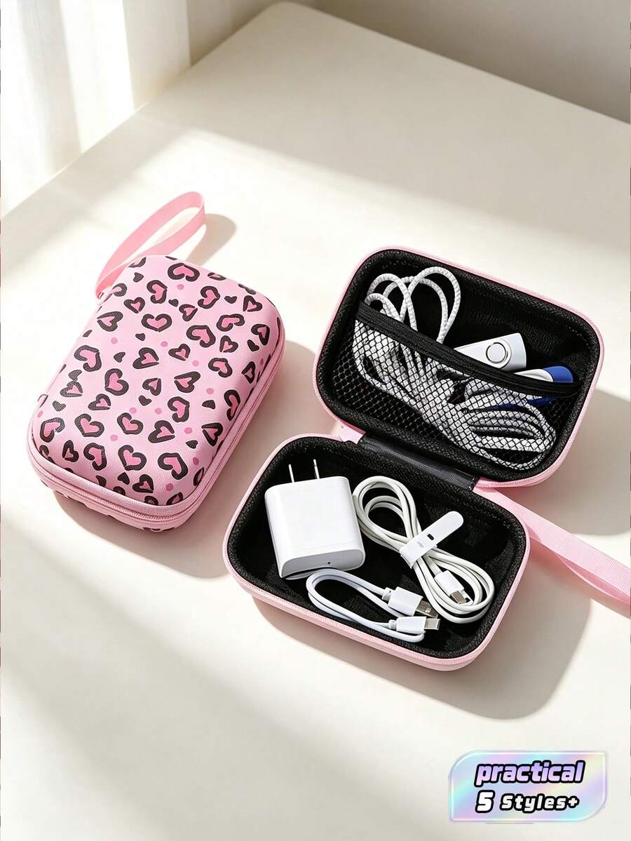 1pc Compact Shockproof Zipper Eva Durable Storage Pouch Lovely Heart Star Mushroom Print Earbud Cord Charger Organizer Bag For Outdoor Trip Daily Use Portable Travel Electronic Accessory Case