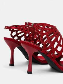 CUCCOO TILAWA Burgundy Satin Hollow Rhinestone Stiletto Sandals, Women's Light Luxury Rear Strap Buckle Open-Toed High Heels - Burgundy - View 6