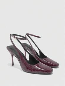 CUCCOO BIZCHIC Square Toe Patent Leather Women's Shoes, Elegant Temperament For Business Commuting, Fashionable And Versatile Back Lace-Up Solid Color Embossed - Burgundy - View 1