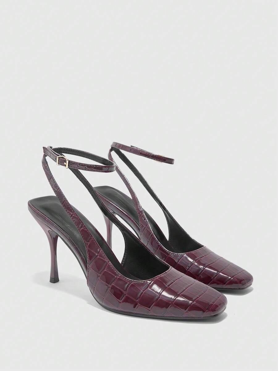 CUCCOO BIZCHIC Square Toe Patent Leather Women's Shoes, Elegant Temperament For Business Commuting, Fashionable And Versatile Back Lace-Up Solid Color Embossed - Burgundy - View 1