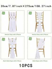 10pcs Elegant White Chiffon Chair Back Sash Set, Corridor Wedding Chair Back Decor, Church Banquet Ceremony Reception Chair Set, Photography Props, Birthday Party Home Decor - White - View 3