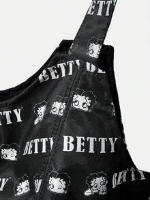 Betty Boop x SHEIN 1件大容量印花肩背包，適用於露營、海灘、旅行、購物、學校、工作等場合 - 多色-黑色 - 查看 3