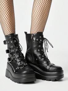 ROMWE Grunge Punk 女款高跟涼鞋 龐克厚底騎行靴 低跟哥德金屬帥氣機車靴 辣妹街頭靴 - 黑色 - 查看 4